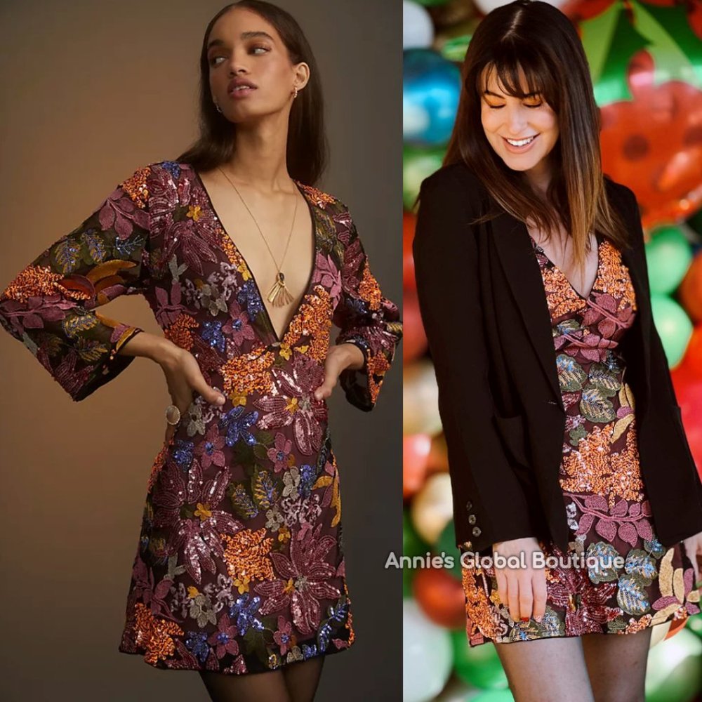 RARE NWT ANTHROPOLOGIE Sequined Embroidered Cut-Out Mini Dress. Size 20W - Picture 5 of 16